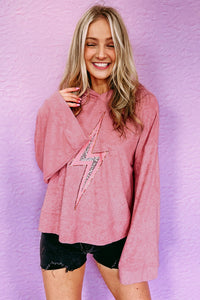 Womens Long Sleeve Shirt With Hood Pink Thunder Bolt Sequin Oversized Hoodie