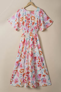 Women’s Long Beach Dress Boho Multicolor Tropical Floral Print Ruched V Neck Loose Sleeve Flowy Maxi Dress