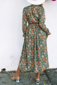 Floral Dress with Tie Waist Green Pleated Long Sleeve Maxi Ankle Length Casual Dresses