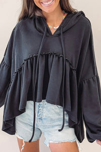 Black Oversized Ruffled High Low Hem Drop Shoulder Hoodie