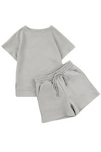 Womens Fashion Outfit Set Gray 2pcs Solid Textured Drawstring Shorts Set Loungewear Shorts