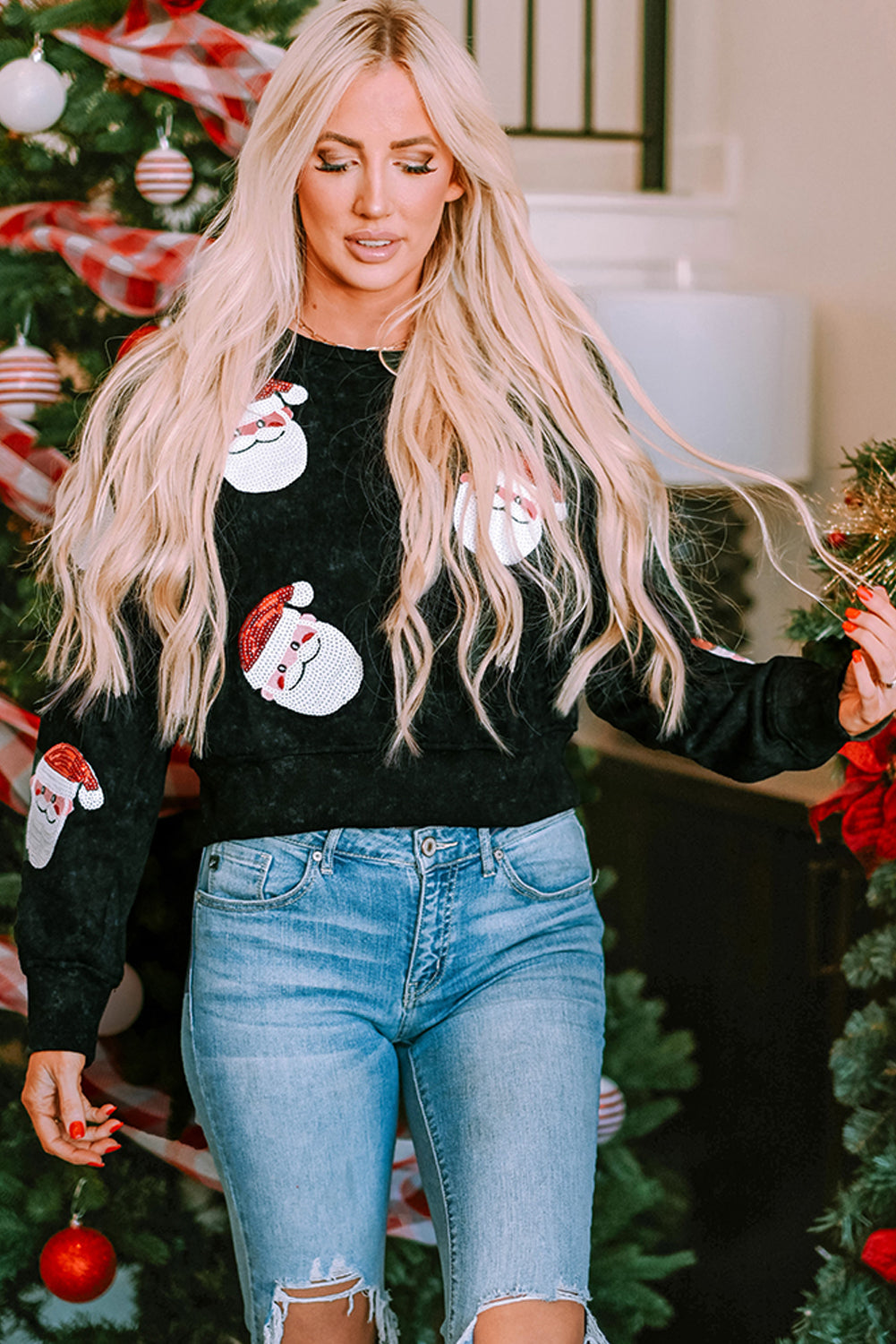 Black Santa Claus Graphic Cutout Backless Cropped Holiday Christmas Sweater Sweatshirt