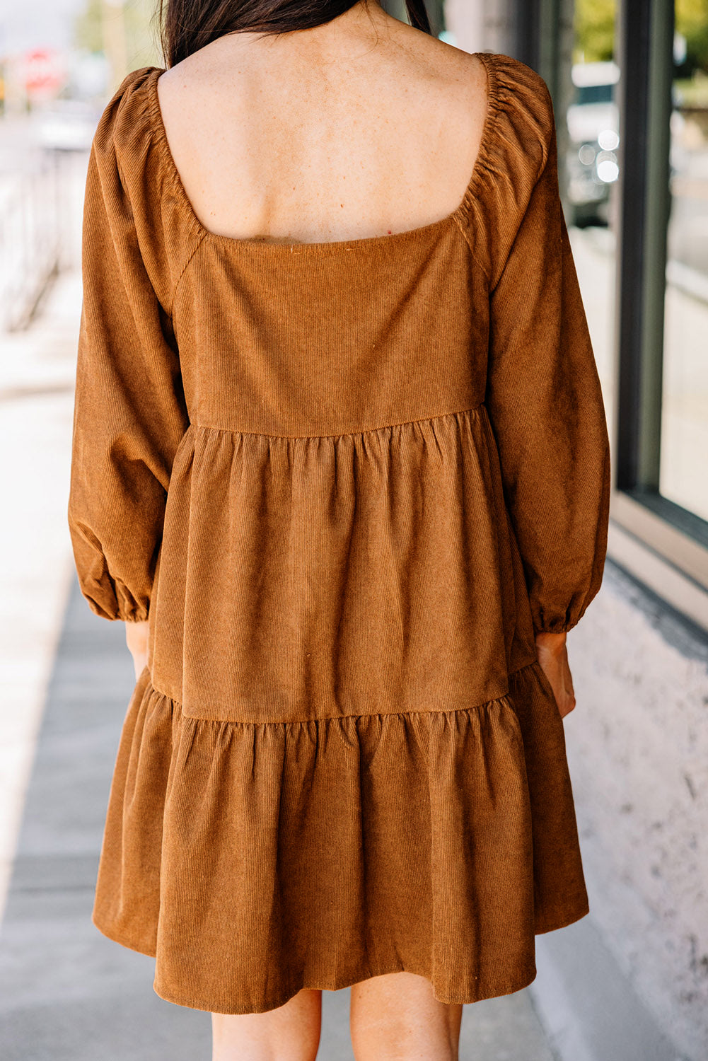 Boho Long Sleeve Dress with pockets  Chestnut Square Neck Puff Sleeve Tiered Corduroy Mini