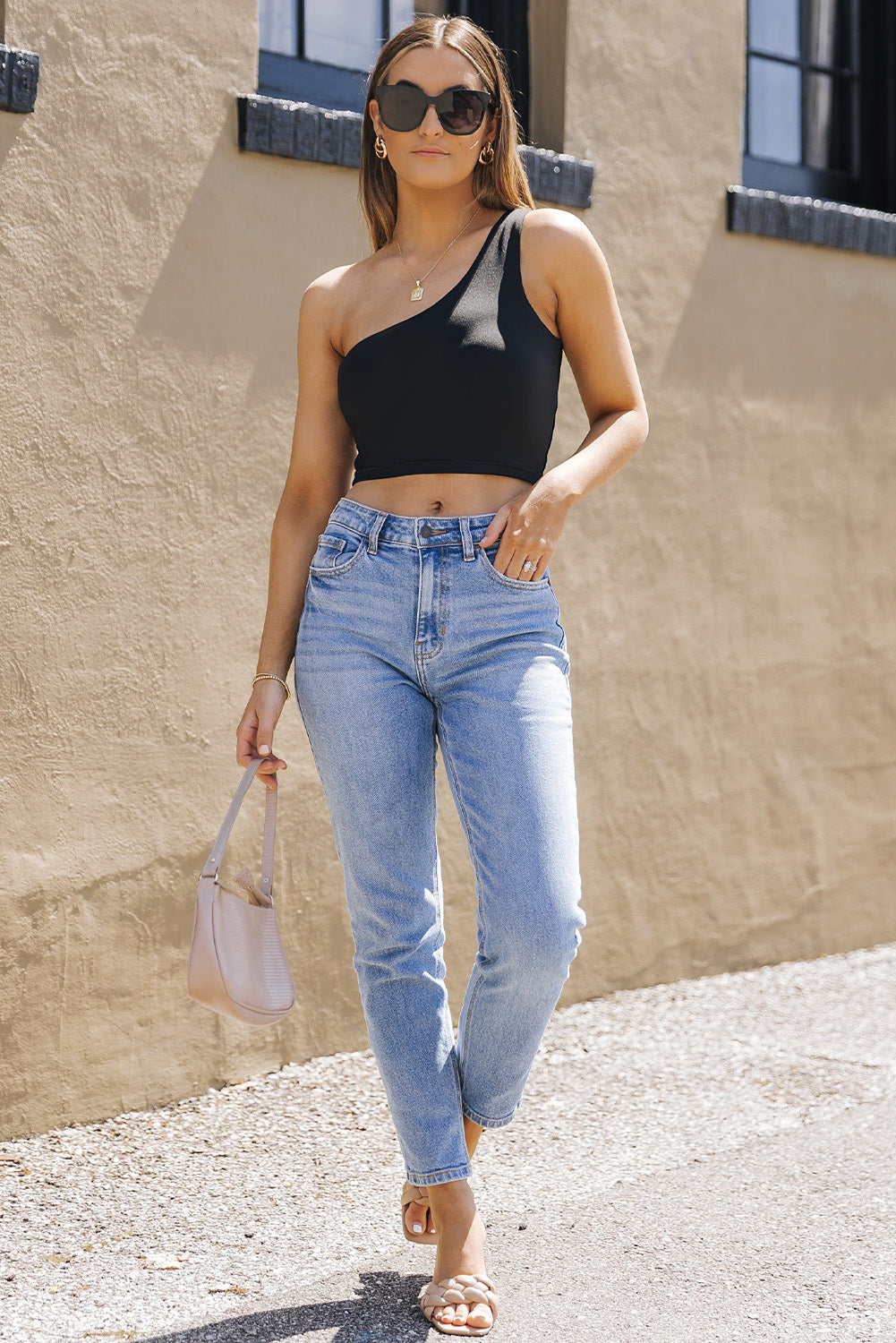 Black One Shoulder Sleeveless Crop Top Sexy Shirt