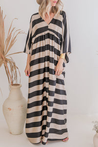 Black V Neck Kimono Sleeve Black and White Striped Maxi Long Dress