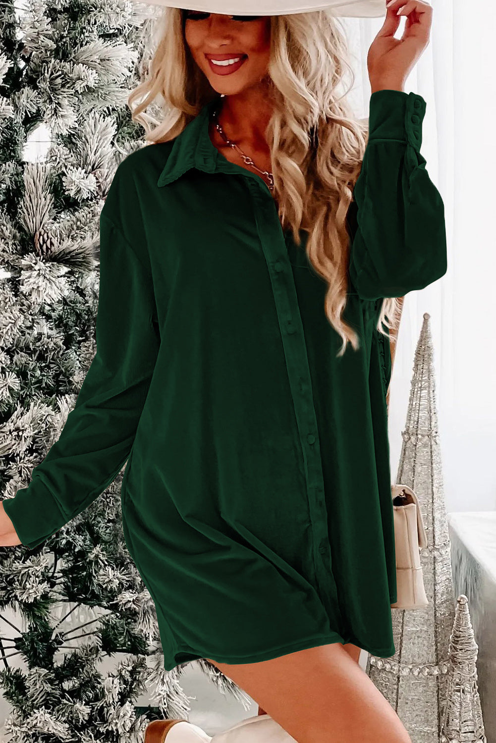 Blackish Green Velvet Button Front Shirt Long Sleeve Casual Mini Dress