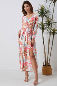 Tropical Plant Print Long Sleeve Wrap V-Neck Slit Maxi Dress