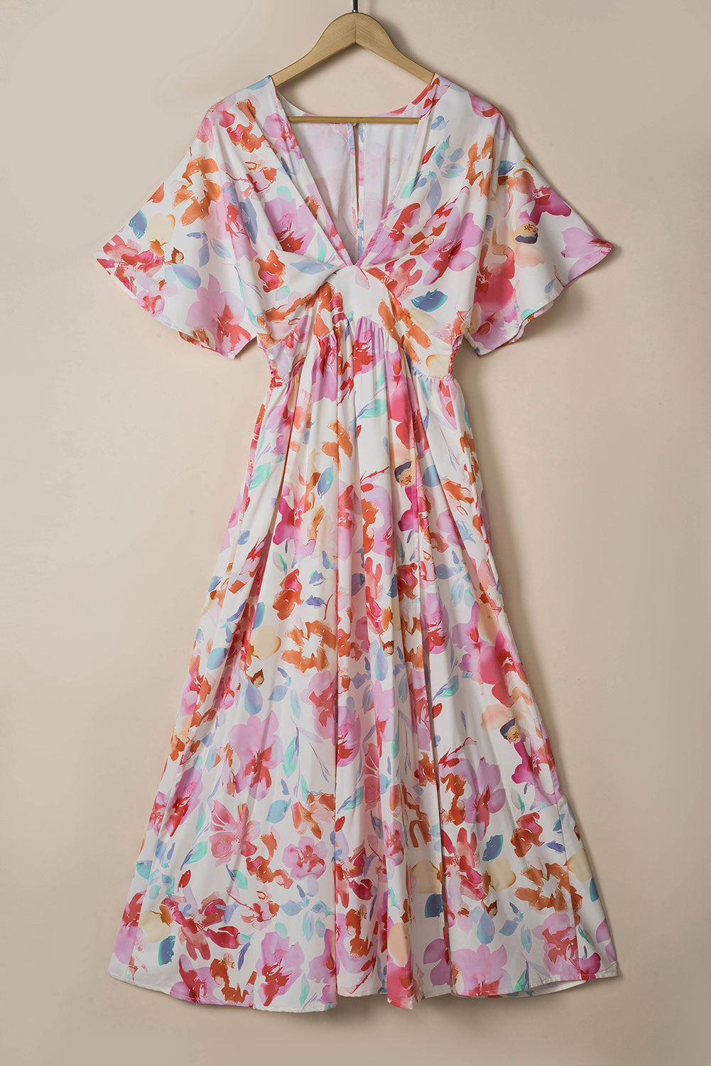 Women’s Long Beach Dress Boho Multicolor Tropical Floral Print Ruched V Neck Loose Sleeve Flowy Maxi Dress