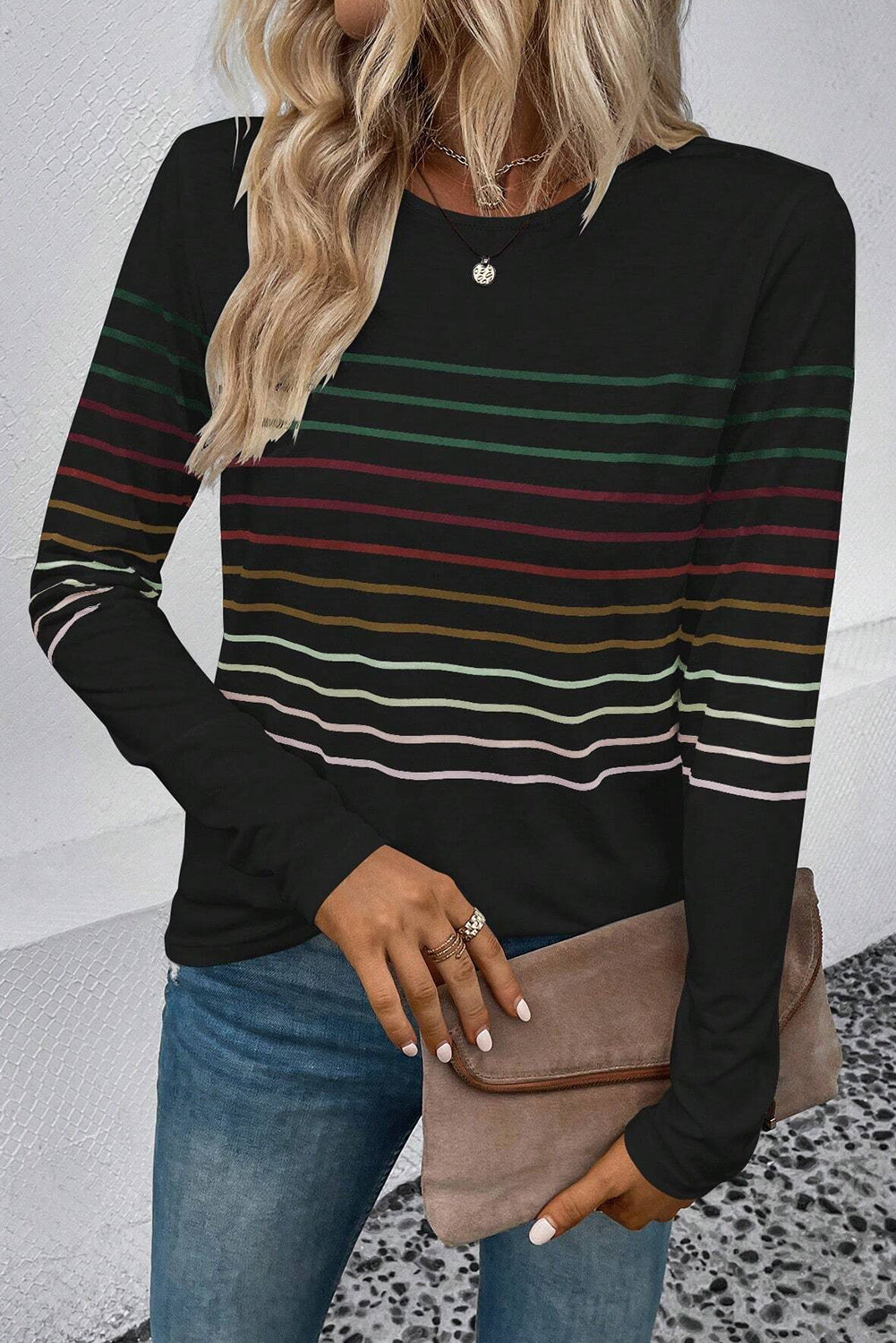 Black Multicolor Striped Crew Neck Long Sleeve Top