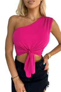 Pink Shirt One Shoulder Knotted Sleeveless Top with Asymmetrical Hem Cropped