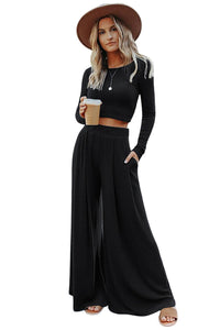 Womens Fashion Outfit Set Black Solid Color Ribbed Crop Top Long Flowy Pants Set