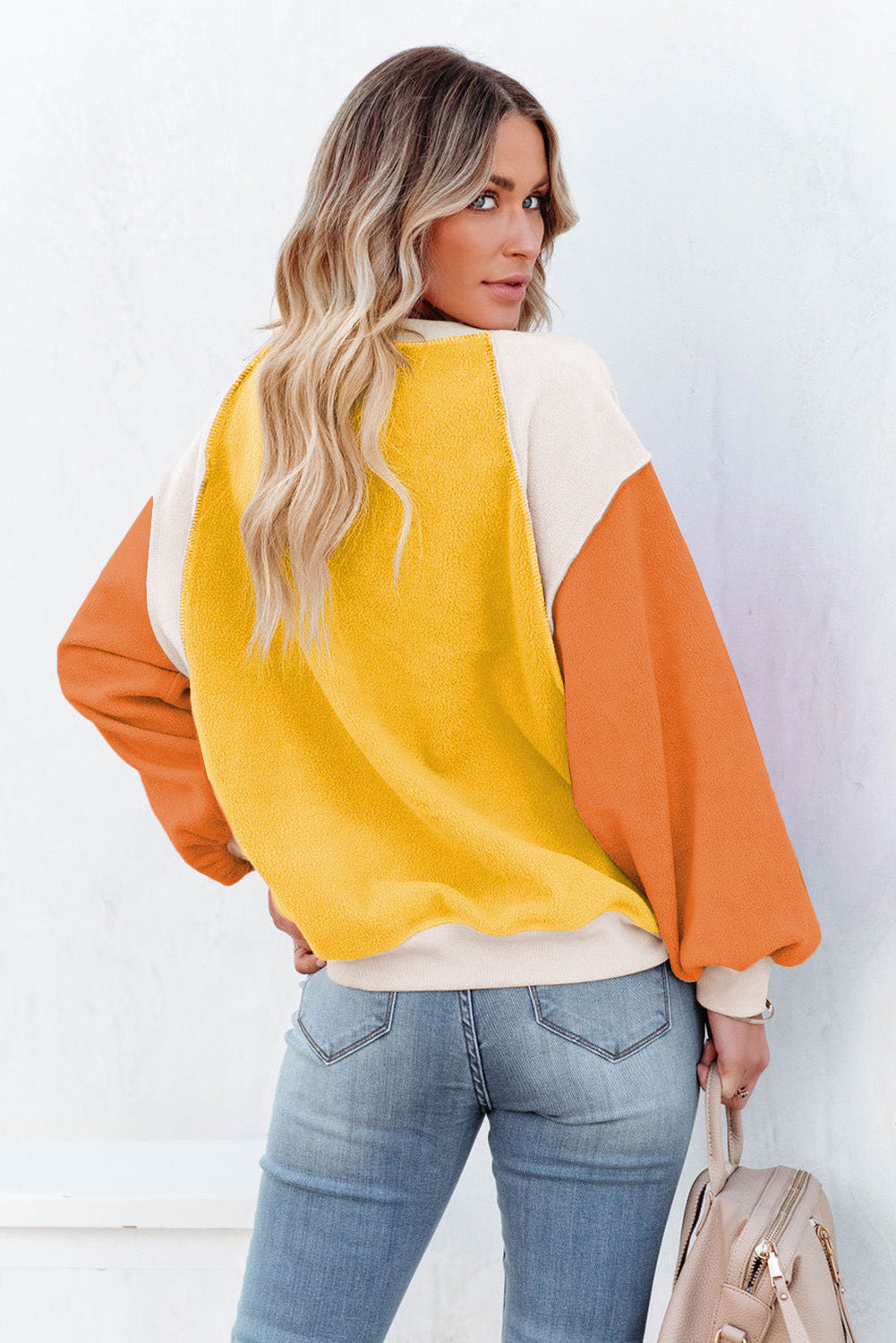 Women's Fashion Sweater Top Orange Colorblock Long Sleeve Pullover Fleece Sweatshirt