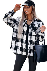 Black Plaid Textured Flap Pocket Shacket Long Sleeve Top