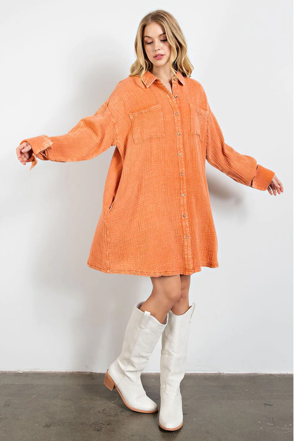 Orange Crinkled Dual Chest Pocket Oversized Shirt Dress Womens Fashion