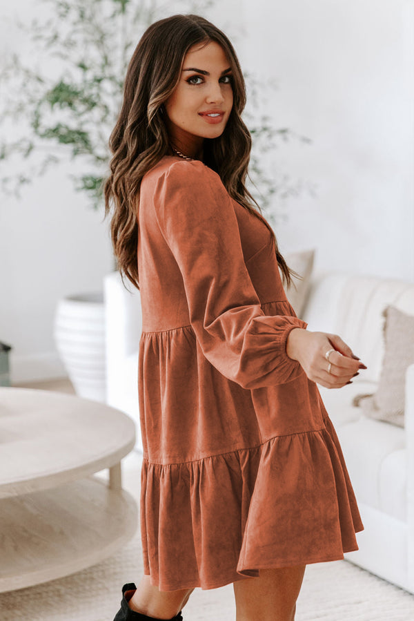 Chestnut Faux Suede Tiered Babydoll Dress