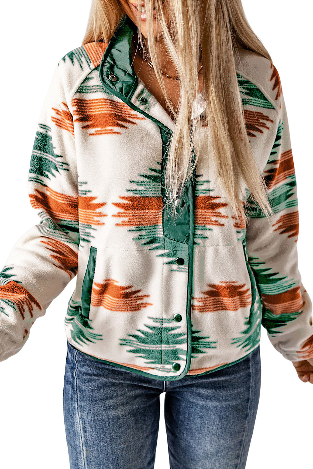 Multicolour Western Aztec Snap Buttoned Fleece Jacket