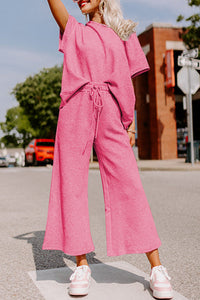 Matching Outfit Set Women's Shirt and Sweatpants 2 piece Set Strawberry Pink Textured Loose Fit T Shirt and Drawstring Pants Set