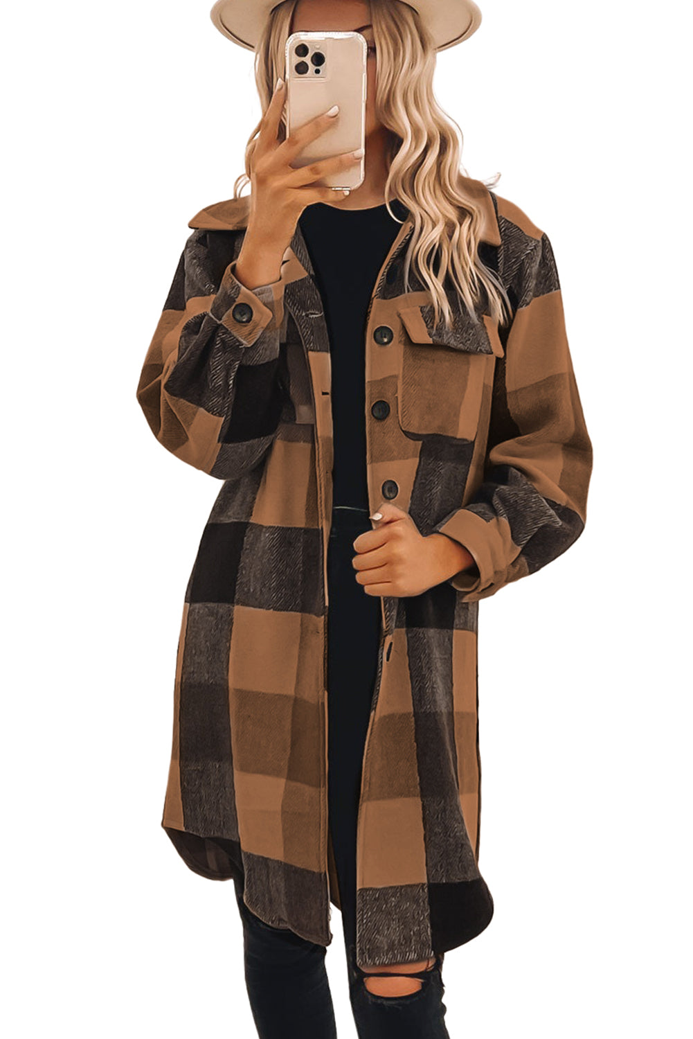 Chestnut Plaid Button-Down Flap Pocket Long Shacket & Button Down Shirt