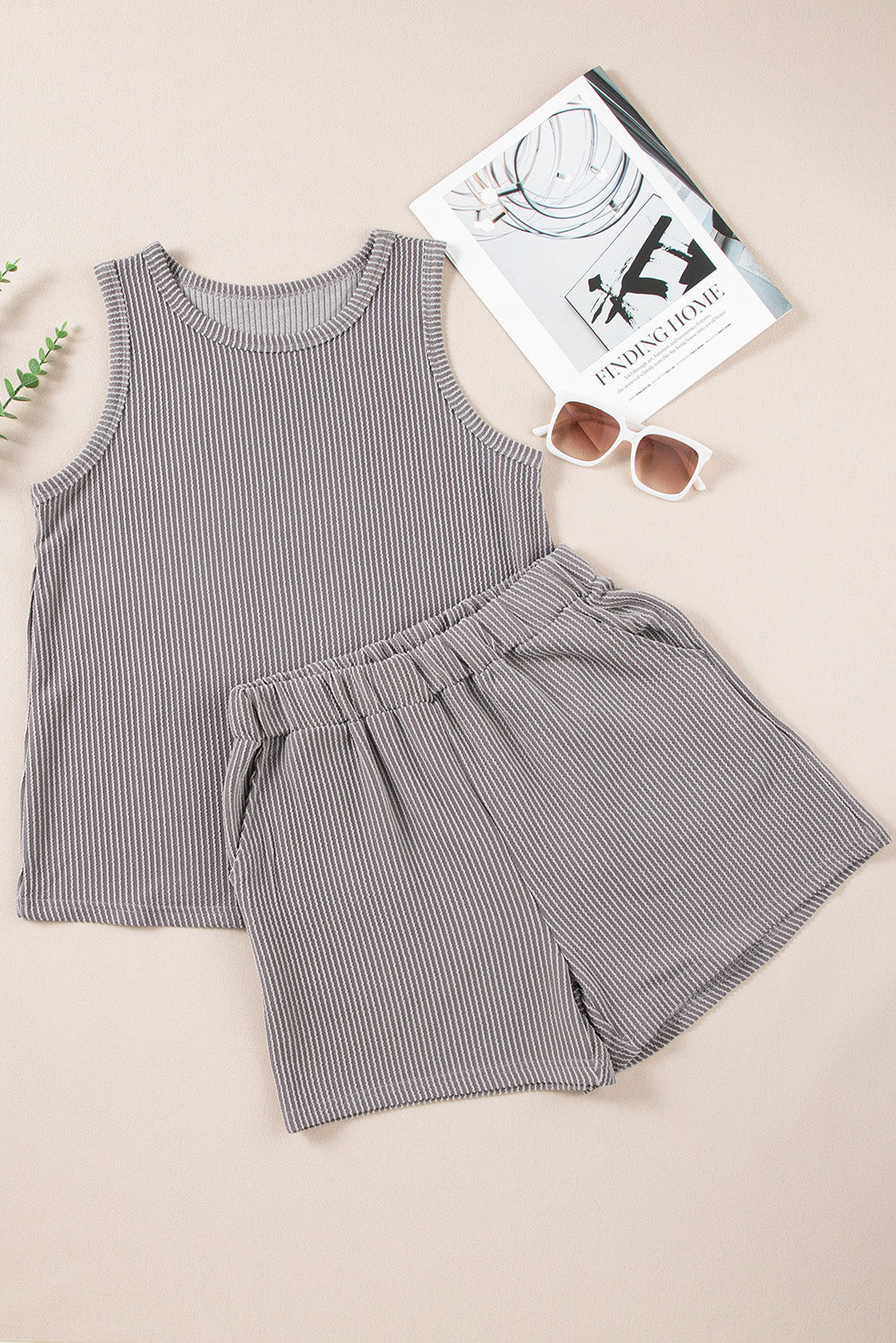 Medium Grey Corded Sleeveless Top and Pocketed Shorts Set Two Piece fashion Outfit Matching Set