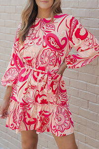 Paisley Printed Button Keyhole Back Belted Long Sleeve Boho Mini Dress