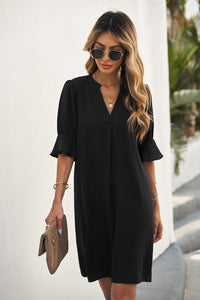 Black Ruffled Short Sleeve Mini Shirt Dress