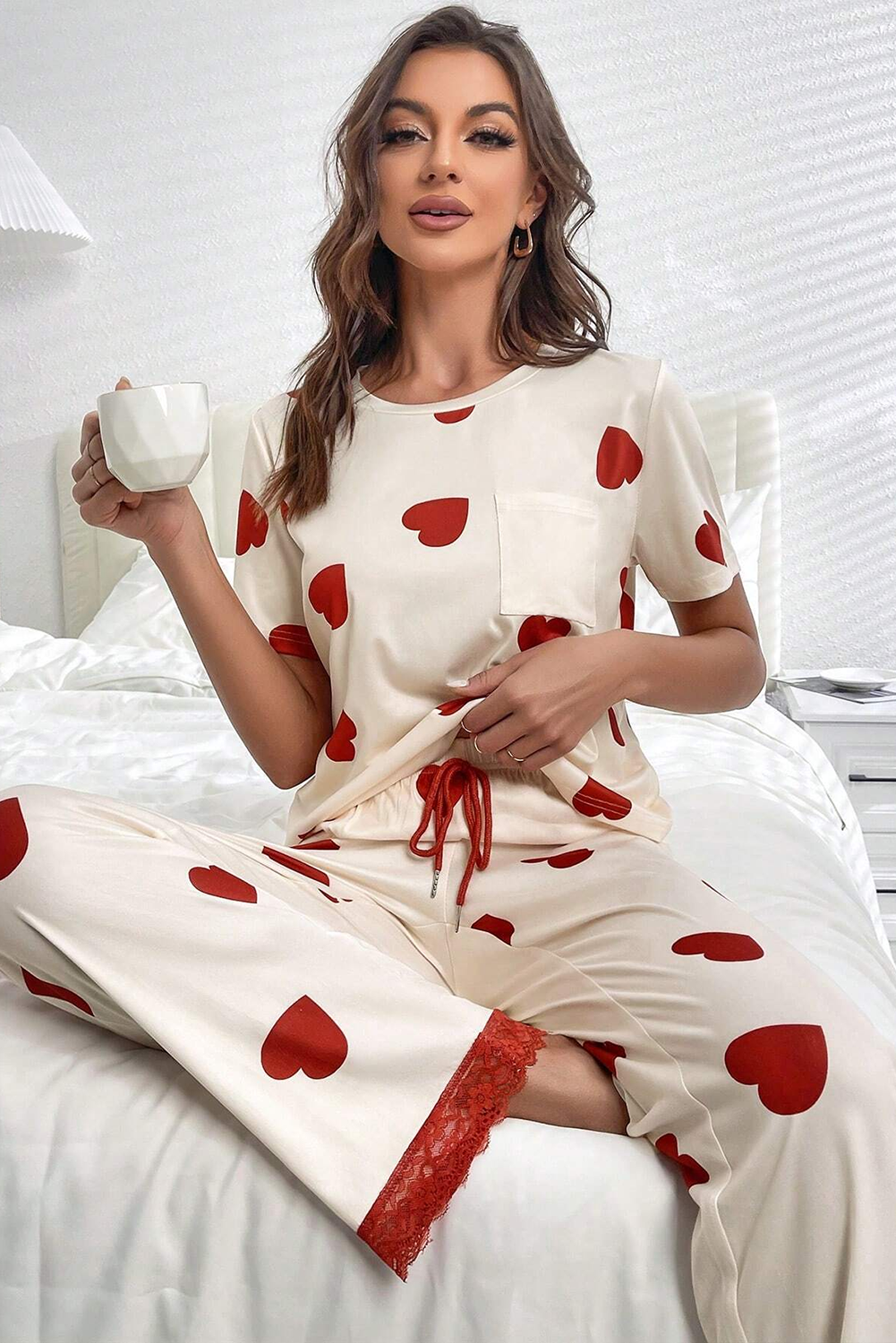 White Valentines Heart Print Lace Hem Tee Pants Pajama Set Fashion Pajamas