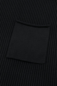 Black Patch Pocket Ribbed Knit Short Sleeve Sweater