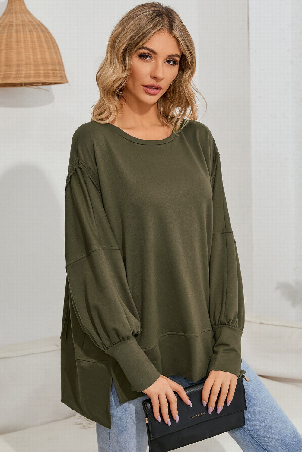 Olive Green Patchwork Drop Shoulder Oversized Top Sweater