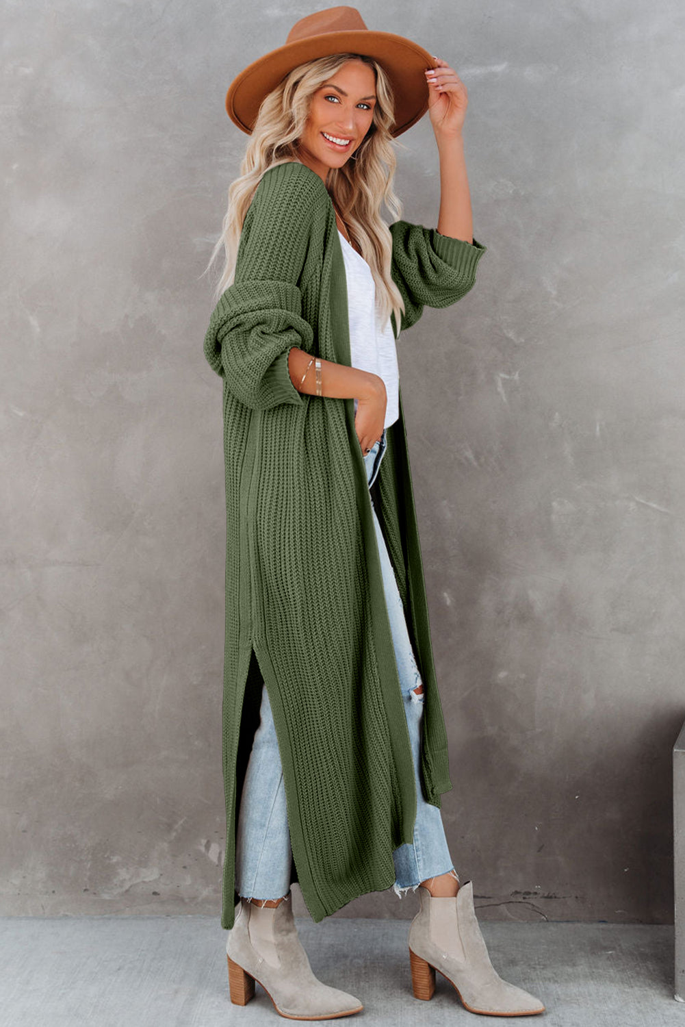 Green Open Front Side Slit Duster Knit Long Sweater Cardigan