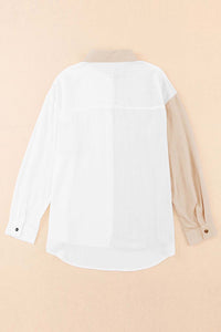 Khaki Colorblock Buttons Shirt-Collar Long Sleeve Pocket Blouse