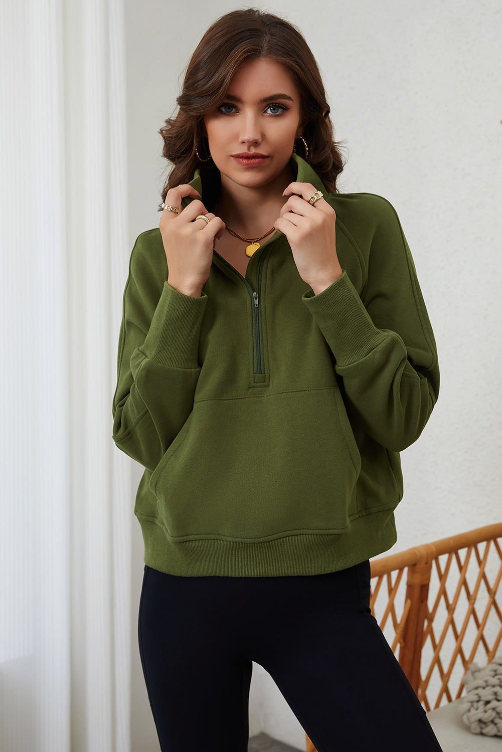 Green Zip Up Stand Collar Ribbed Thumbhole Sleeve Sweatshirt