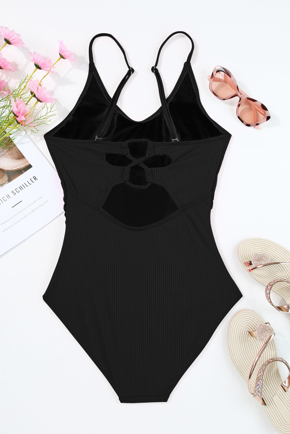 One Piece Bikini Black Ribbed Textured Scoop Neck One Piece Swimsuit, Black One Piece Bathing suit