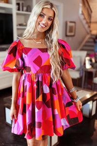 Women's Red Abstract Print Square Neck Puff Sleeve Short Mini Dress