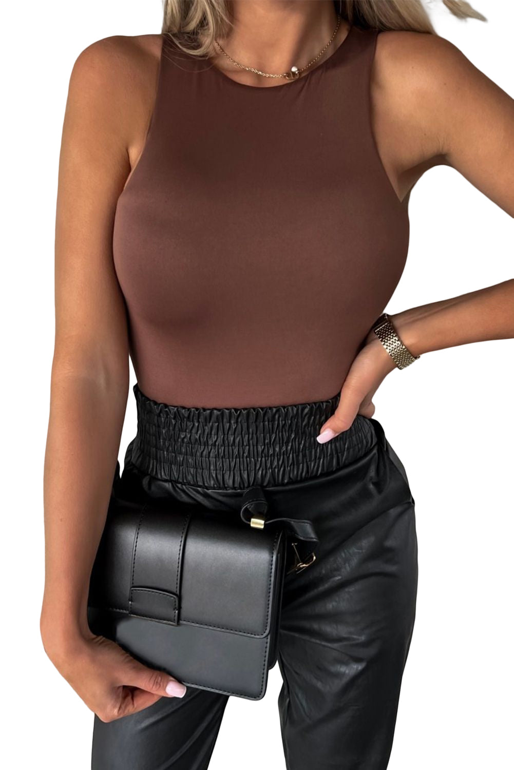 Women's Fashion Bodysuit Brown Solid Crew Neck Sleeveless Tight Shirt Top