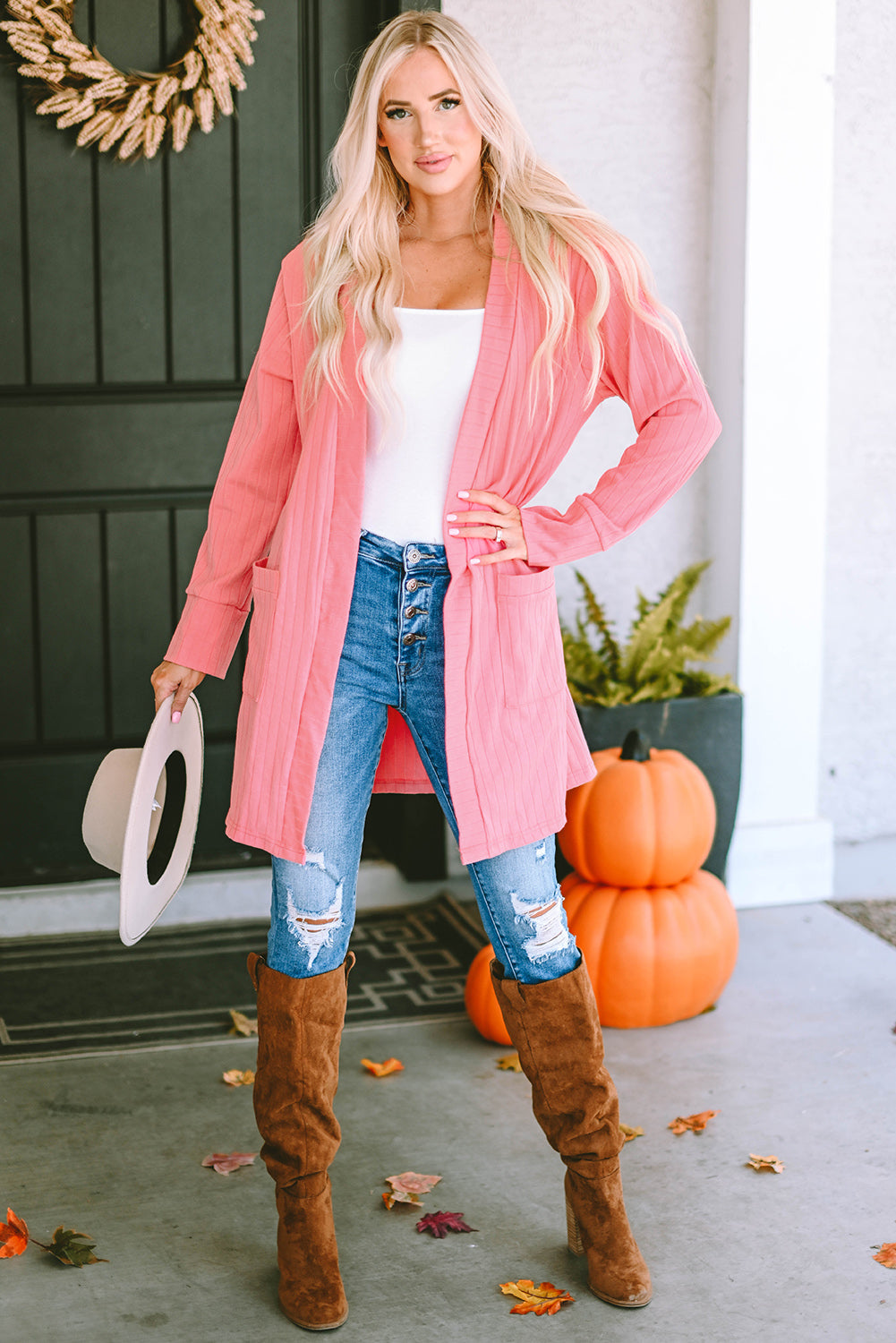 Pink Open Front Pocketed Knit Cardigan