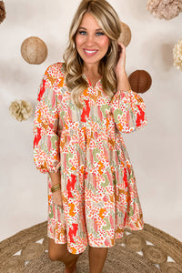 New Women’s Fashion Casual Multicolour Split Neck Puff Sleeve Flowy Printed Dress