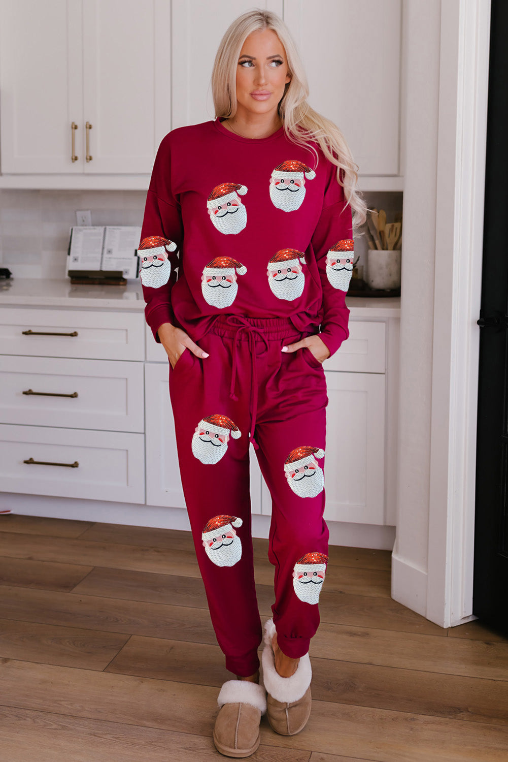 Sequined Santa Claus Pattern Lounge Sweatsuit