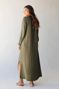 Women’s Fashion Dress Green Crinkle Button Up Casual Split Shirt Maxi Dress