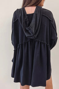 Black Oversized Ruffled High Low Hem Drop Shoulder Hoodie