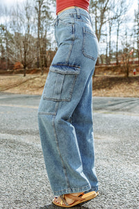 Sky Blue Cool Cargo Style Wide Leg Jeans