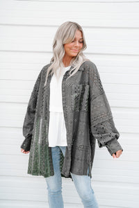 Women's Oversized Button Up Long Shirt Duffel Green Eyelet Pattern Patchwork  Shacket