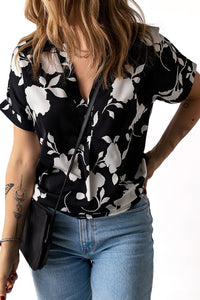 Black Floral Printed Short Sleeve Blouse Womens Casual Shirt Top