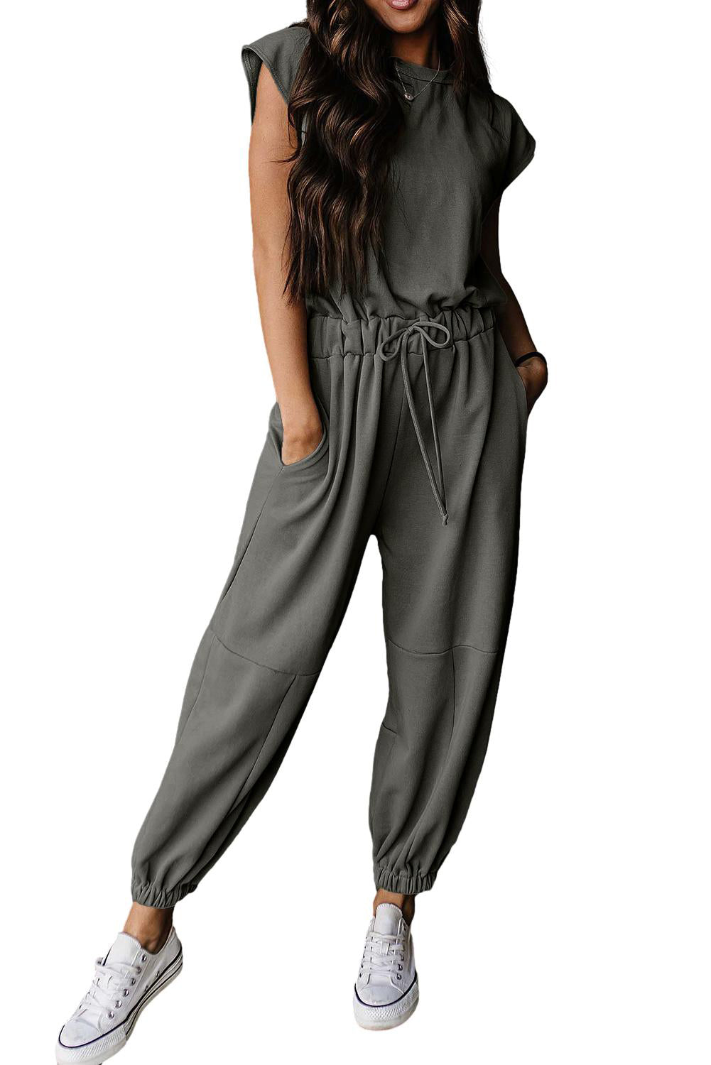 Medium Grey Cap Sleeve Open Back Drawstring Jogger Jumpsuit