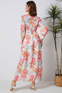 Tropical Plant Print Long Sleeve Wrap V-Neck Slit Maxi Dress