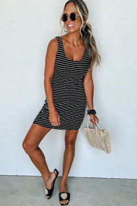 Black Stripe Ribbed Knit Sleeveless Mini Tank T shirt Mini Dress Womens Fashion