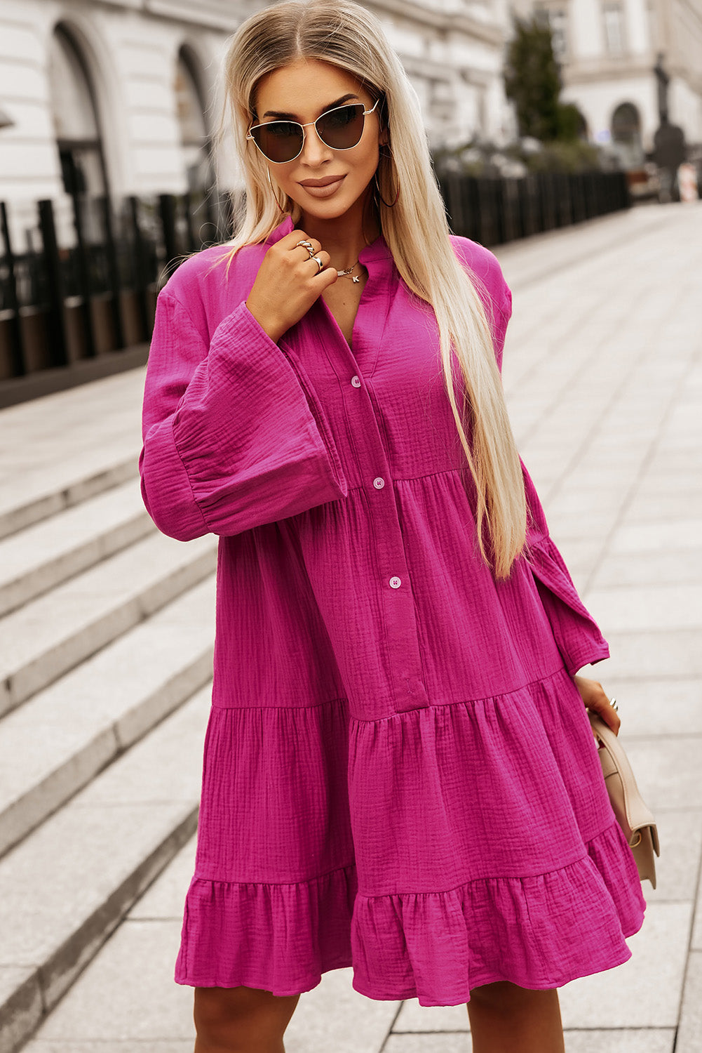 Pink Long Sleeve Casual Mini Dress  Crinkled Tiered Split Neck Shirt Dresses