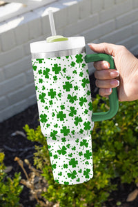 Dark Green Clover Print Thermos Cup with Handle 40oz St Patrick's Day Gifts Clover Design