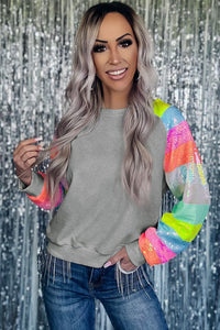 Women’s Fashion Sweater Gray Sequin Color Block Long Sleeve Pullover Sweatshirt