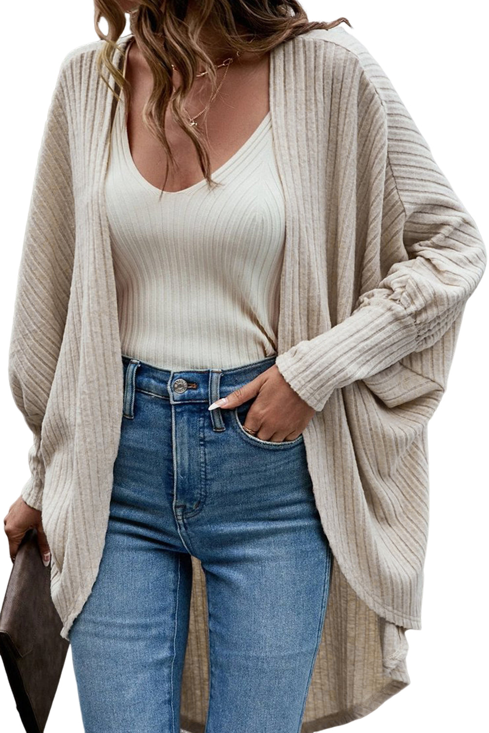 Parchment Bat Sleeve Wide Ribbed Knit Cardigan