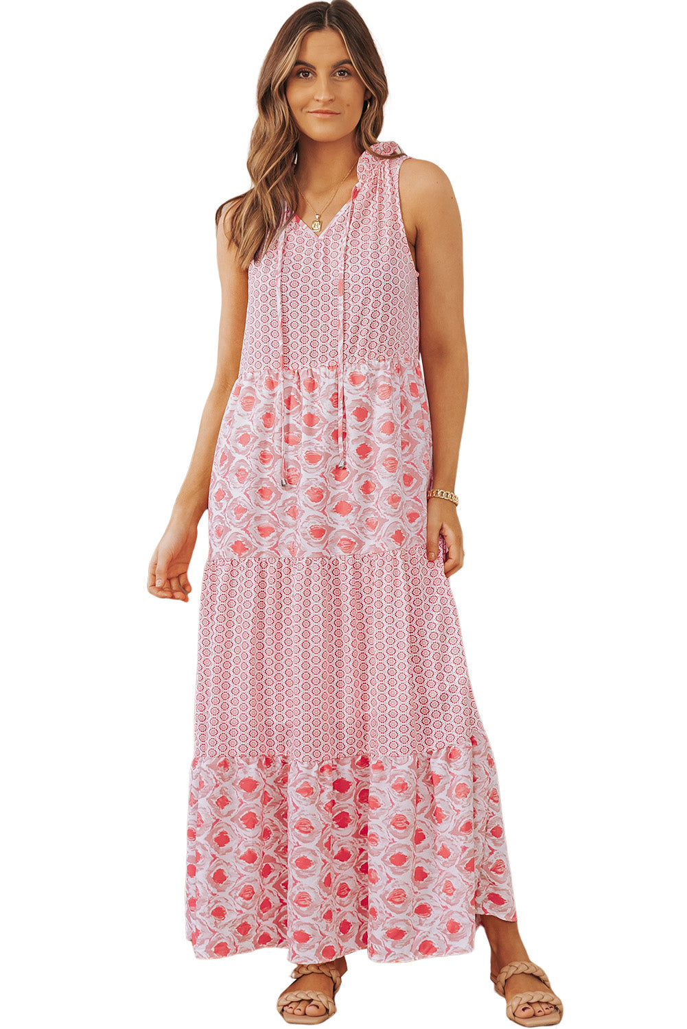 Pink Abstract Print Split Neck Sleeveless Maxi Dress